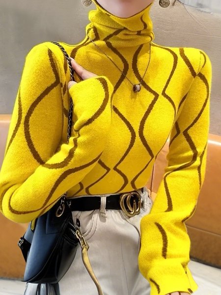 

Regular Sleeve Elegant Chevron Turtleneck Tight Sweater, Yellow, Pullovers