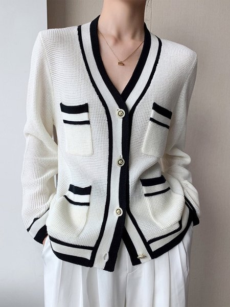 

Loose Color Block Regular Sleeve Urban Cardigan Sweater, Black-white, Cardigans