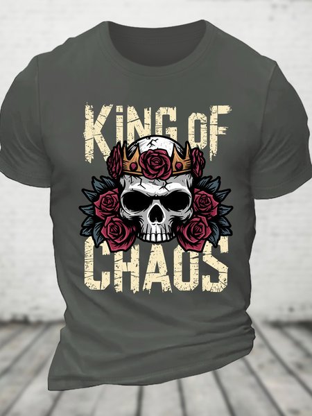 

King of Chaos Skull Rose Crown Design Cotton T-shirt, Deep gray, T-shirts