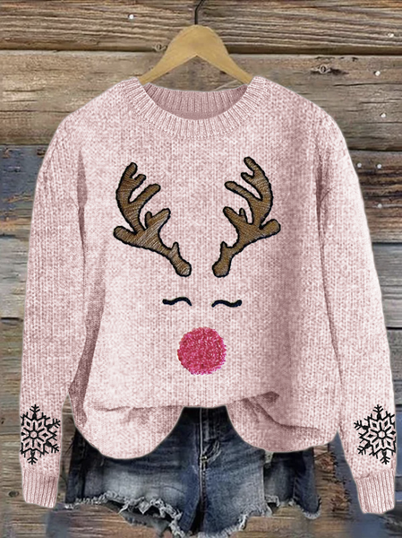 

Crew Neck Loose Knitted Simple Sweater, Pink, Sweaters