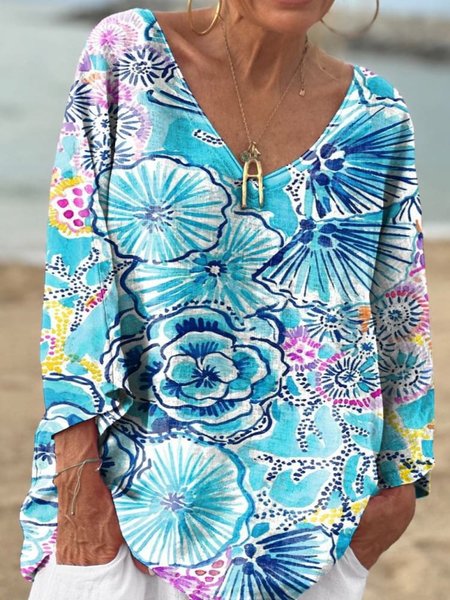 

Women's Flowers Print Casual V-neck Long Sleeve Comfortable Cotton T-shirt, Green, Long sleeves