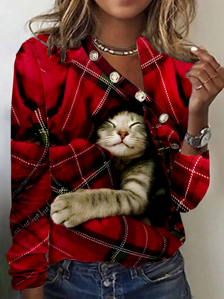 

Santa Claus Plaid Cat Christmas Long Sleeve Shirt, Red, Long sleeves