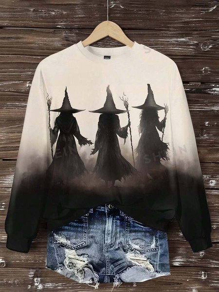 

Women's Vintage Witch Print Crew Neck Sweatshirt, As picture, Hoodies&Sweatshirts