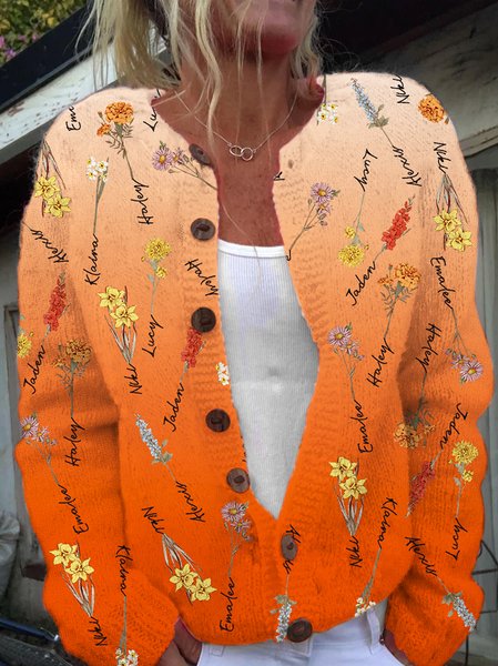 

Mom Garden Floral Print Simple Floral Wool/Knitting Cardigan, Orange, Cardigans