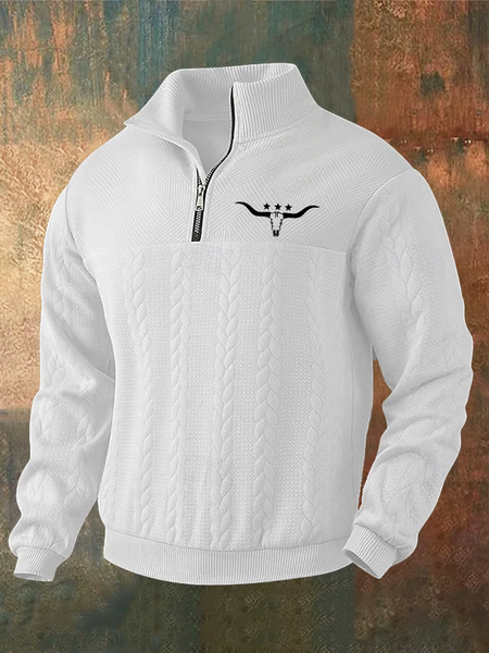 

Men's Jacquard Cow Head Print Stand Collar Sweatshirt, White, Hoodies&Sweatshirts