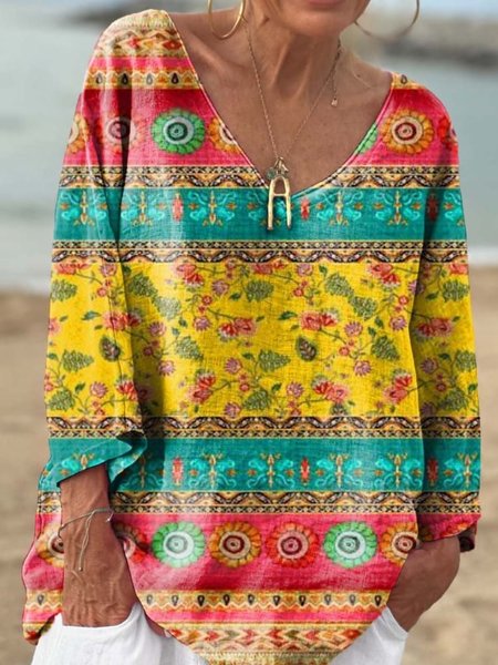 

Women's Patchwork Floral Art Print Casual V Neck Long Sleeve Comfortable Cotton T-Shirt, Yellow, Long sleeves