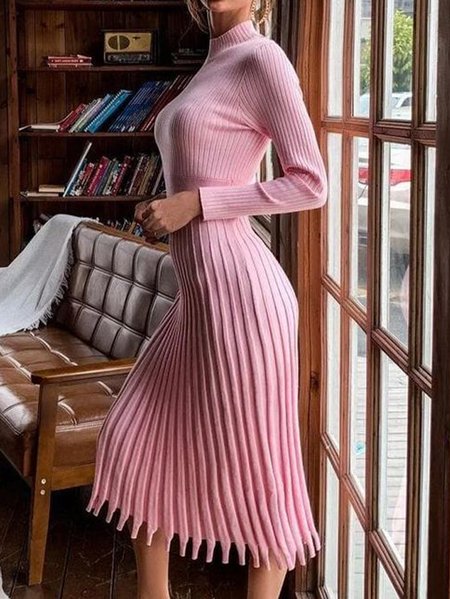 

Mock Neck Regular Sleeve Plain Elegant Sweater Dress, Pink, Midi Dresses