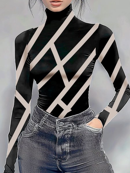 

Regular Sleeve Turtleneck Tight Casual T-Shirt, Black, Tees