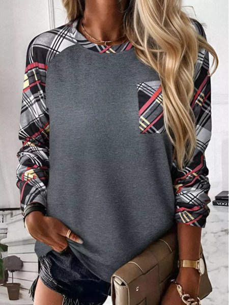 

Crew Neck Long Sleeve Plaid Regular Micro-Elasticity Loose Blouse For Women, Gray, Blouses