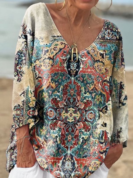 

Women's Vintage Print Casual V-neck Long Sleeve Comfortable Cotton T-shirt, As picture, Long sleeves