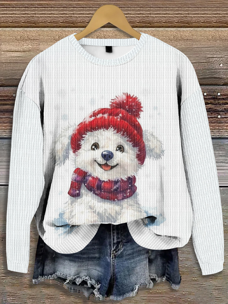 

Christmas Santa Claus Crew Neck Dog Casual Knitted Sweater, White, Sweaters