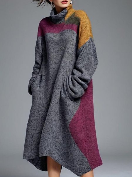 

Daily Color Block Sweater Dress, As picture, Midi Dresses