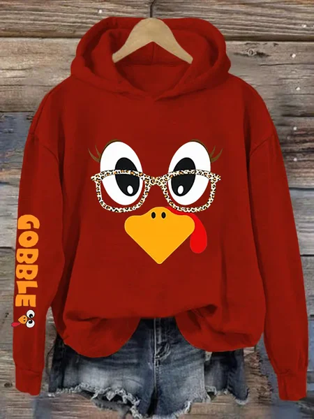 

Women's Cute Turkey Fall Thanksgiving Printed Hooded Sweatshirt Hoodie, Wine red, Hoodies&Sweatshirts