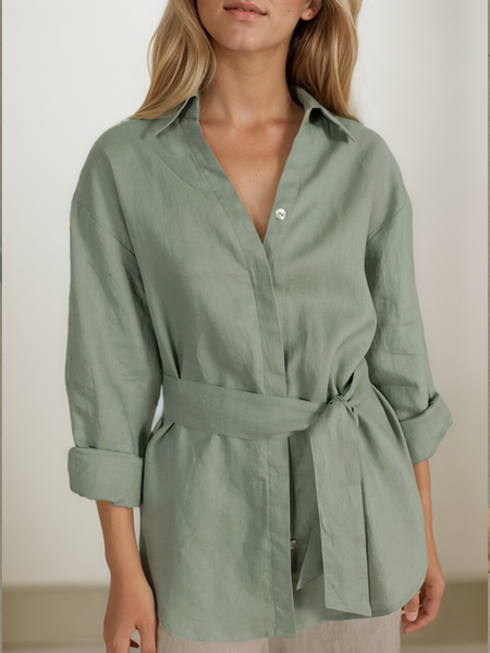 

Linen Plain Linen Shirt Collar Shirt, Green, Long/Full Length Sleeve