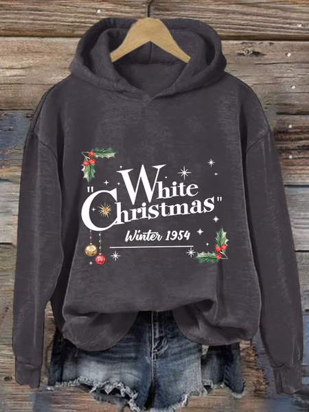 

Women's White Christmas Print Casual Hoodie, Gray, Hoodies&Sweatshirts