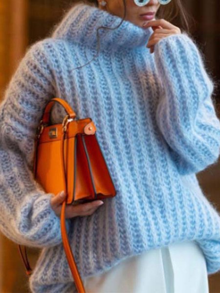 

Women's Spring/Fall Plain Casual Long Sleeve Turtleneck Wool/Knitting Sweater, Lake blue, Sweaters