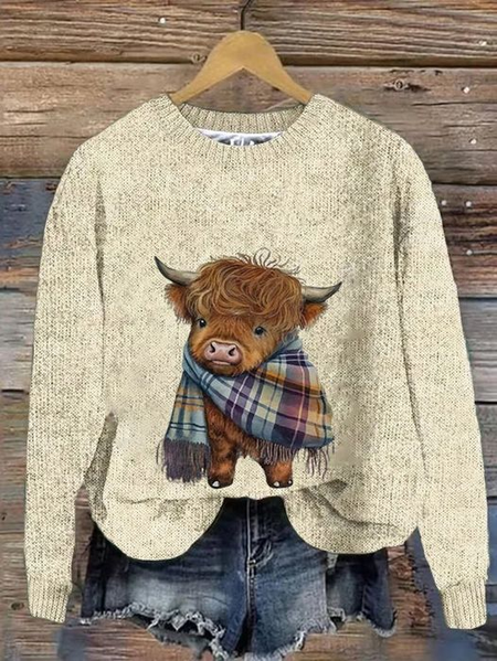 

Women's West Highland Cow Print Loose Casual Knitted Sweater, Apricot, Sweaters