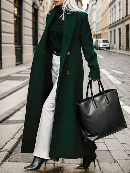 Urban Lapel Collar Plain Long Sleeve Wool-Blend Coat, Green, Coats
