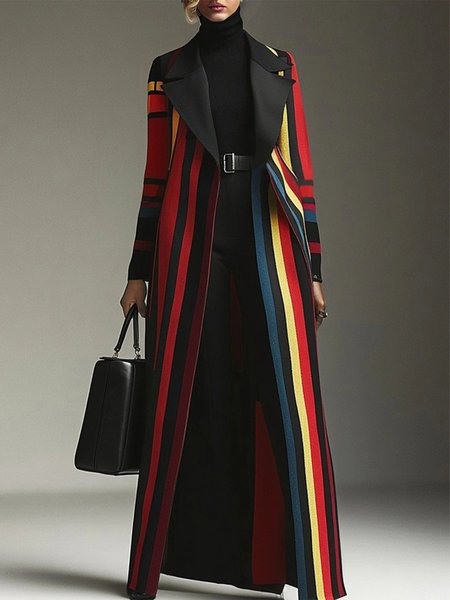 

Urban Regular Fit Lapel Collar Striped Coat With Belt, As picture, Coats