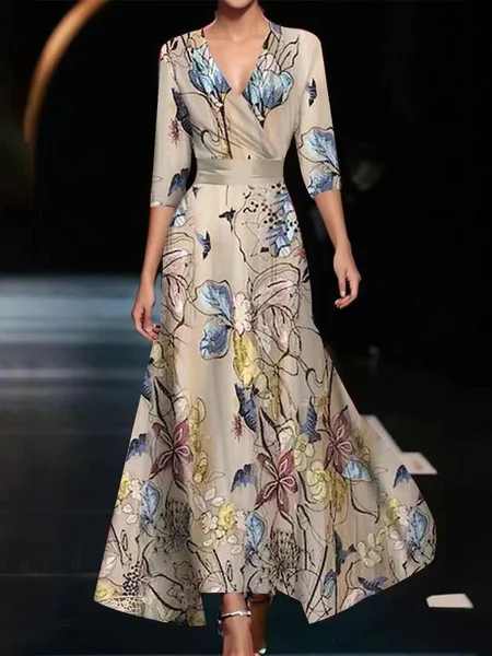 

Women Floral V Neck Half Sleeve Comfy Casual Maxi Dress, Champagne, Dresses
