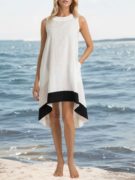 Crew Neck Plain Linen Linen Dress With No, White, Maxi Dresses