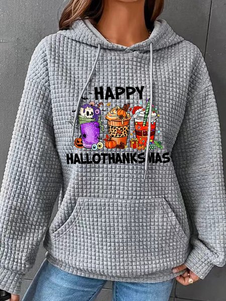 

Happy Hallothanksmas For Coffee Lover Simple Loose Hoodie, Gray, Hoodies&Sweatshirts