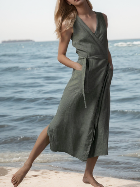 Linen V Neck Plain Linen Dress With No, Green, Maxi Dresses