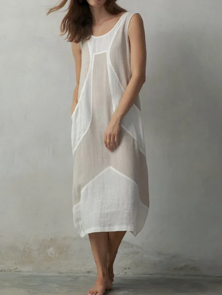 

STYLE WE x CHILLINEN |Crew Neck Plain Linen Linen Dress With No, White, Midi Dresses