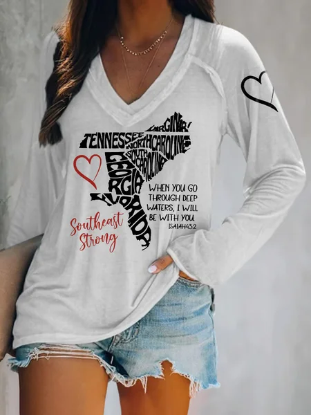 

V-neck Retro Southeast Strong When You Go Through Deep Waters, I Will Be With You Isaiah 43:2 Tennessee Georgia, South Carolina, North Carolina, , Virginia, Florida Print T-Shirt, White, Long sleeves