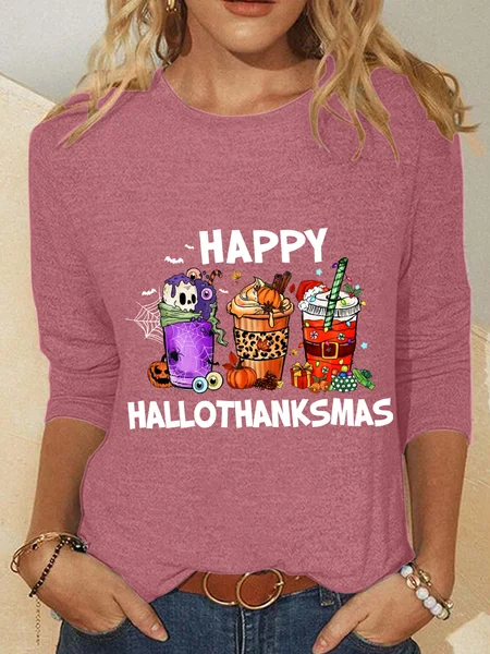 

Happy Hallothanksmas For Coffee Lover Casual Long Sleeve Shirt, Watermelon, Long sleeves