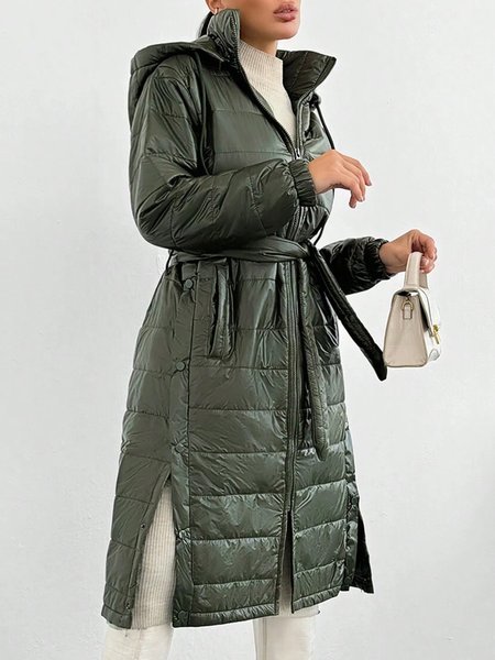 

Plain Urban Hoodie Zipper Regular Sleeve Padded Jacket With Belt, Green, Padded Jackets