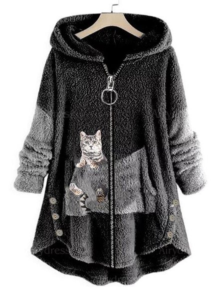 

Casual Fluff/Granular Fleece Fabric Hoodie Teddy Jacket, Black, Outerwear