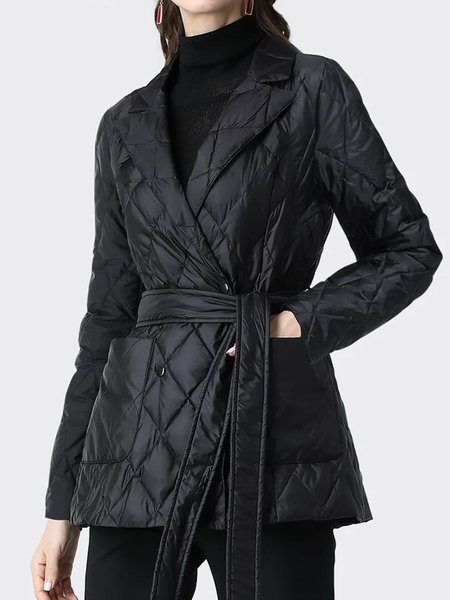 

Lapel Collar Plain Urban Padded Jacket With Belt, Black, Padded Jackets