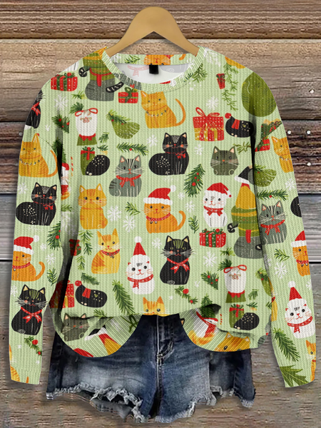 

Santa Claus Cat Casual Knitted Sweater, Green, Sweaters