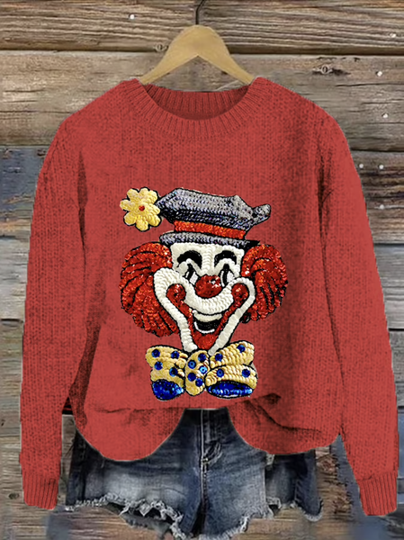 Casual Crew Neck Maple Leaf Knitted Sweater, Red, Sweaters