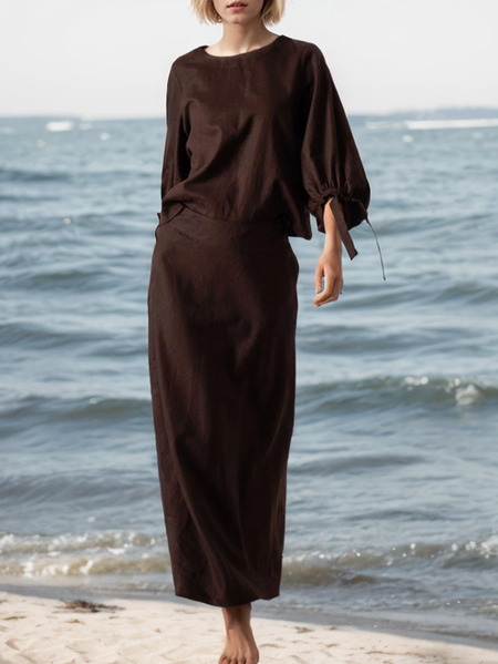 

Crew Neck Loose Plain Linen Blouse, Coffee, Short/3/4 Length Sleeve