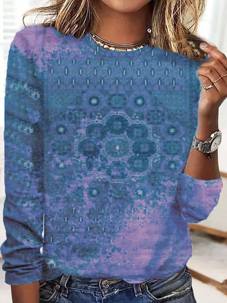 

Casual Crew Neck Ethnic Loose T-Shirt, Color4, Long sleeves