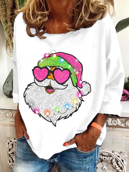 Women'S Pink Santa Christmas Printed Crew Neck Sweatshirt, White, Hoodies&Sweatshirts