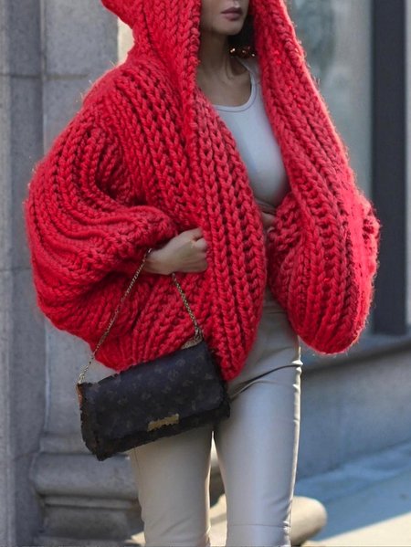 

Long Sleeve Loose Plain Urban Cardigan, Red, Cardigans