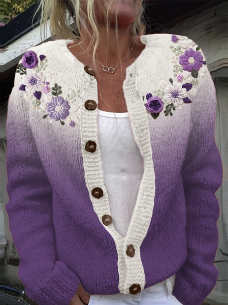 

Floral gradient knitted sweater cardigan, Purple, Cardigans