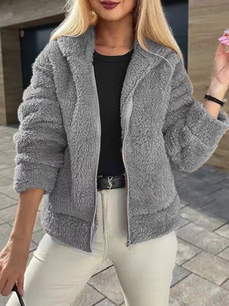 

Women's Plain Sherpa Jacket Thicken Loose Teddy Jacket, Gray, Coats