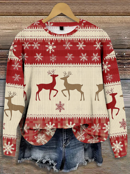 

Santa Claus Christmas Elk Casual Loose Knitted Christmas Sweater, Red, Sweaters