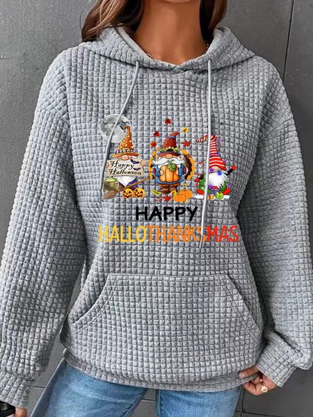 

Happy Hallothanksmas Halloween Thanksgiving Christmas Gnome Simple Loose Hoodie, Gray, Hoodies&Sweatshirts