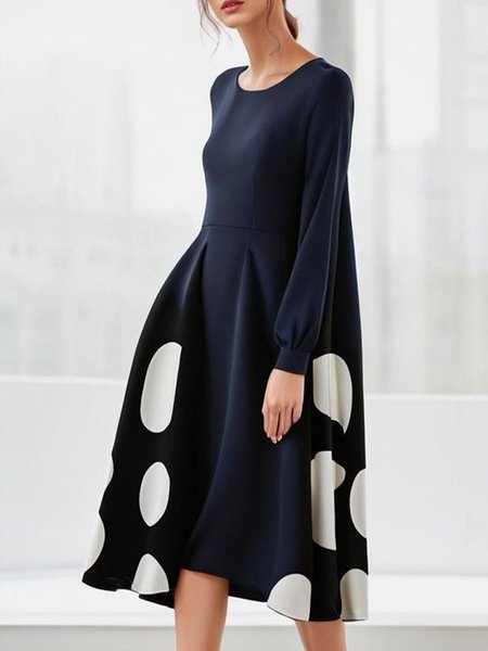 

Polka Dots Regular Fit Regular Sleeve Urban Crew Neck Dress, As picture, Midi Dresses