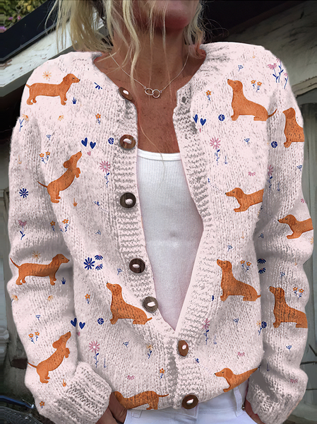 

Sausage dog knitted button sweater cardigan, Pink, Cardigans