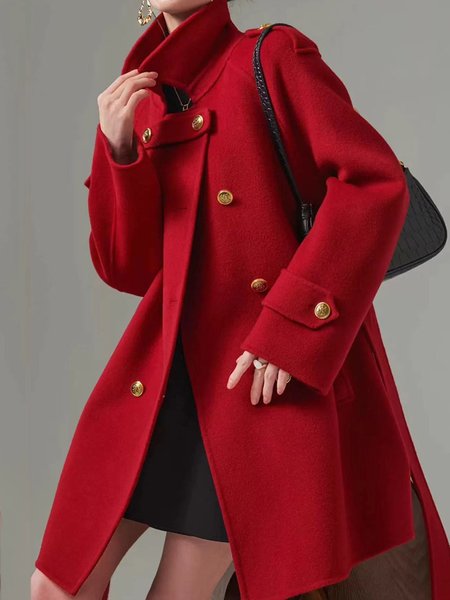 

Buttoned Urban Regular Sleeve Wool-Blend Coat With Belt, Red, Coats