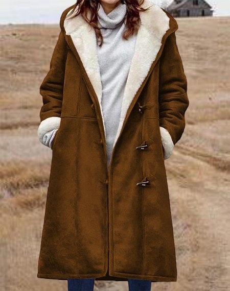 

Women's Winter Outerwear Vintage Plain Long Sleeve Hoodie Long Faux Fur Coat, Coffee, Leather clothing