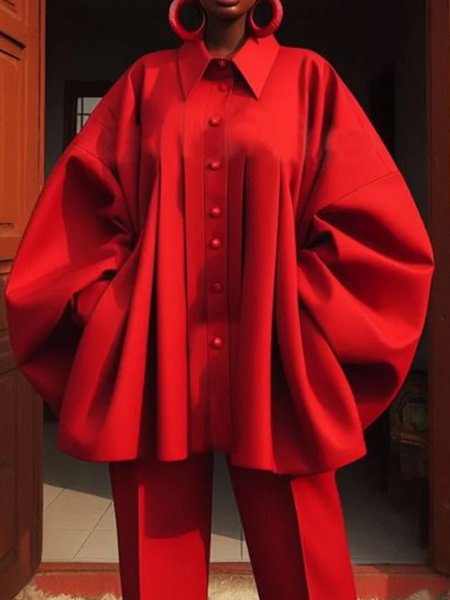 

Plain Balloon Sleeve Urban Stand Collar Shirt, Red, Blouses and Shirts