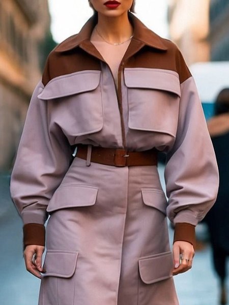 

Shirt Collar Urban Balloon Sleeve Color Block Cargo Pockets Shirt, Dusty pink, Blouses and Shirts