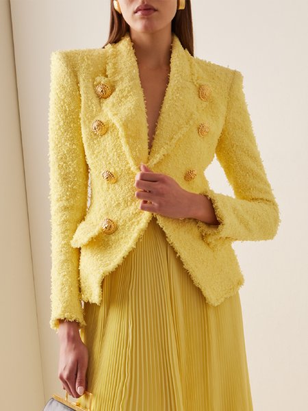Regular Fit Buttoned Urban Regular Sleeve Plain Blazer, Yellow, Blazers